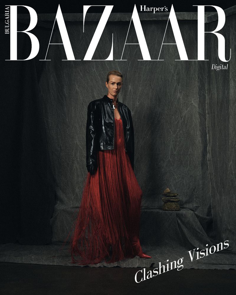 Harper's Bazaar Bulgaria cover featuring an adult female in red dress and black jacket posing in a photo studio setting.