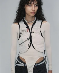 Model with dark curly hair wearing an off-white tactical vest over a sheer top and dark denim jeans against a grey background.