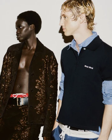 Two models posing against a neutral background for Miu Miu Spring/Summer 24 campaign