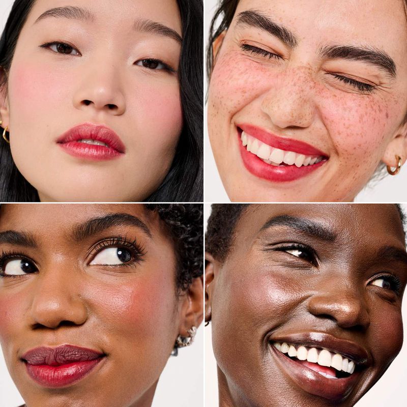 Four diverse women with makeup, showcasing beauty and skincare products in a collage-style portrait for beauty and fashion advertising.