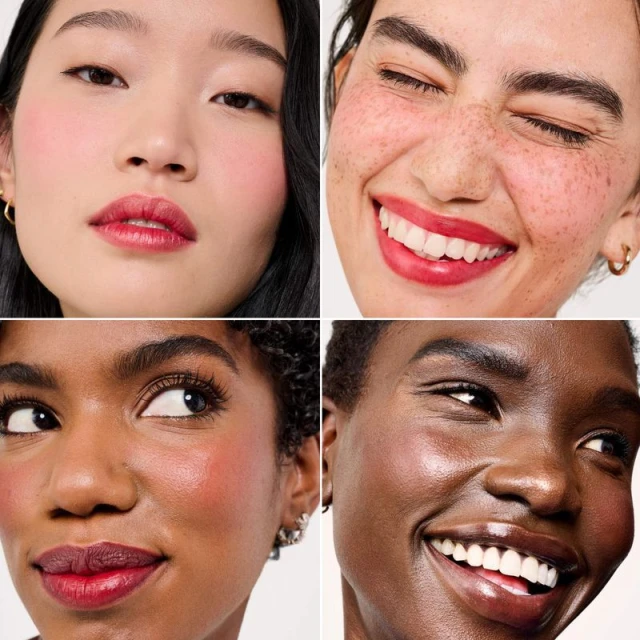 Four diverse women with makeup, showcasing beauty and skincare products in a collage-style portrait for beauty and fashion advertising.