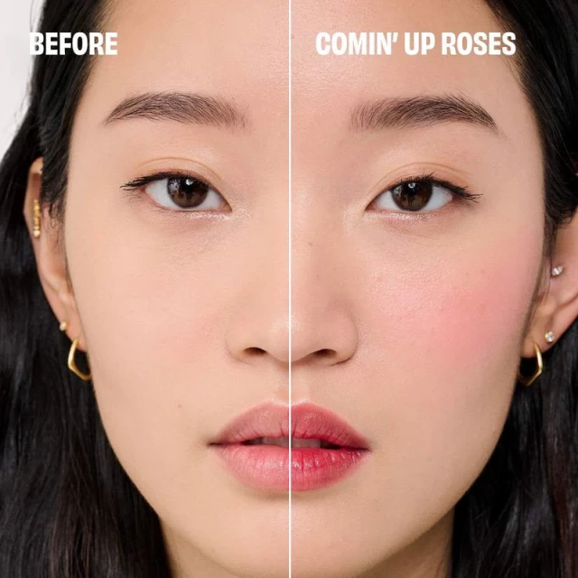 Cosmetic comparison of Asian woman's face, showing one side before and the other side after applying blush; close-up studio shot.