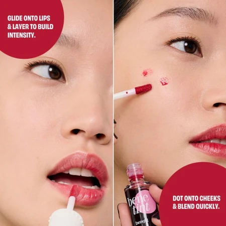 Close-up shot of a person applying lip and cheek tint for a vibrant, fresh beauty look, showcasing makeup application and product.