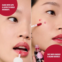 Close-up split screen showing a model applying red lip tint and cheek stain from a Benefit Benetint bottle.