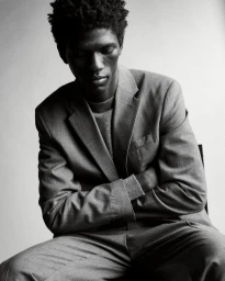 Portrait of a Black man wearing a grey suit jacket and trousers with arms crossed