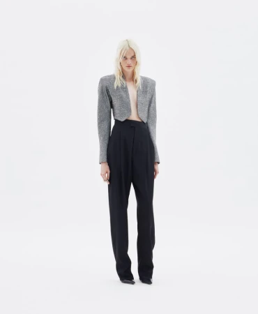Model wearing a cropped grey embellished blazer and high-waisted black trousers against a plain white seamless backdrop