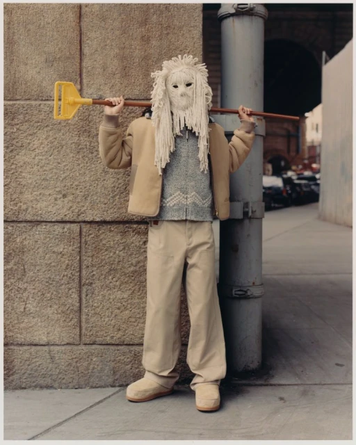 Person wearing a yarn mask and beige clothing in an urban setting, carrying a yellow shovel-like object over their shoulders.