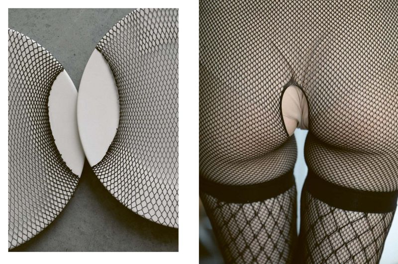 Close-up of a human buttocks wearing black fishnet stockings, focusing on the texture and pattern of the fabric against skin.
