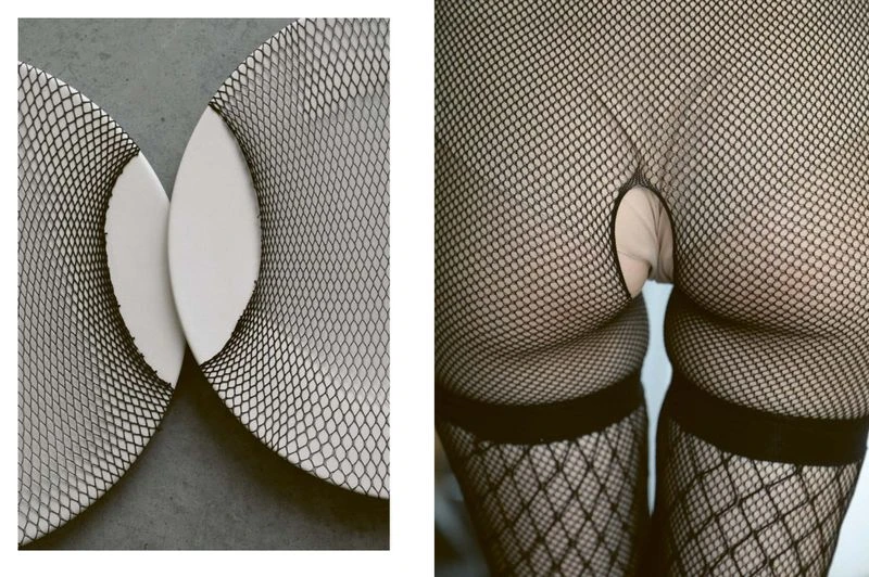 Close-up of a human buttocks wearing black fishnet stockings, focusing on the texture and pattern of the fabric against skin.