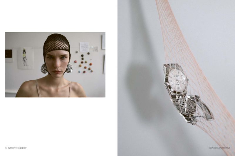 A fashion shot displays an adult female wearing glittering earrings and a net cap, alongside a steel wristwatch on a net against a white backdrop.