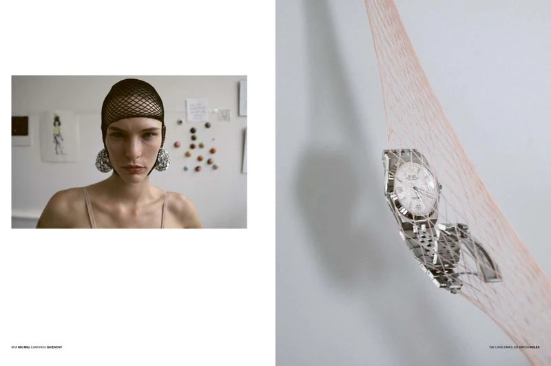 A fashion shot displays an adult female wearing glittering earrings and a net cap, alongside a steel wristwatch on a net against a white backdrop.