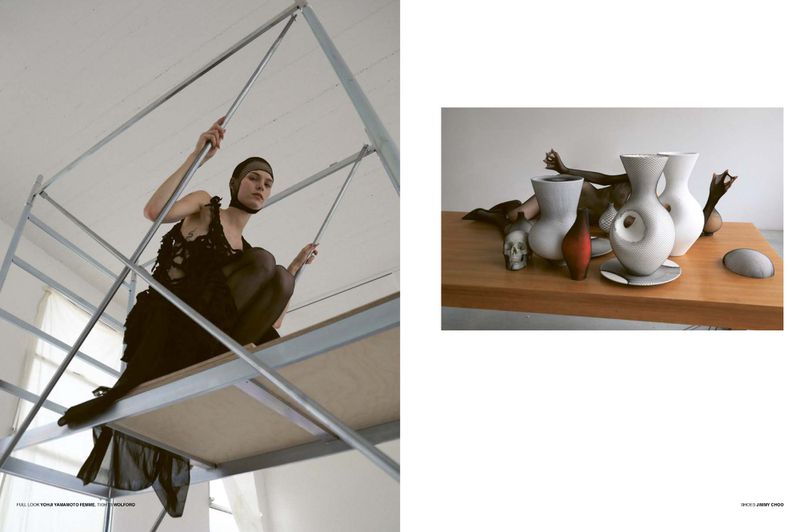 A woman in a black dress and head covering poses on a metal structure, contrasted with a still life of vases and a skull on a table.