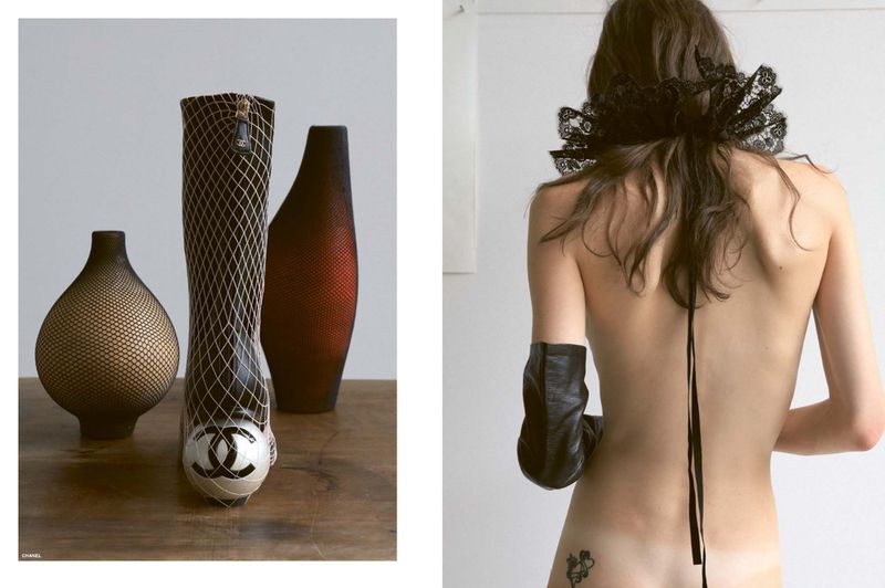 Fashion editorial shot: a boot with a mesh covering and logo next to vases, and a back view of a person with a lace collar and glove.