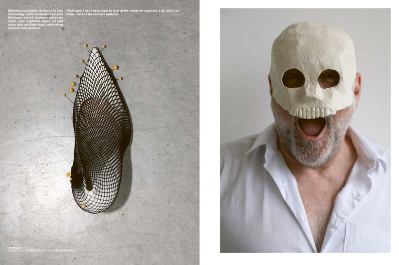 Conceptual studio shot: a black net sculpture on a gray surface and a person wearing a white skull mask, evoking a stark contrast.
