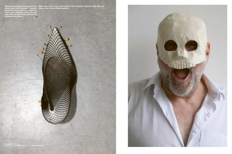 Conceptual studio shot: a black net sculpture on a gray surface and a person wearing a white skull mask, evoking a stark contrast.