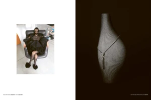 Diptyque magazine spread showing a model seated in a dark leather armchair on the left and a textured vase with a necklace on the right.