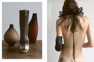 Diptyque fashion editorial showing a Chanel mesh boot resting on a ball beside two vases, and a model seen from behind wearing black lace ruff