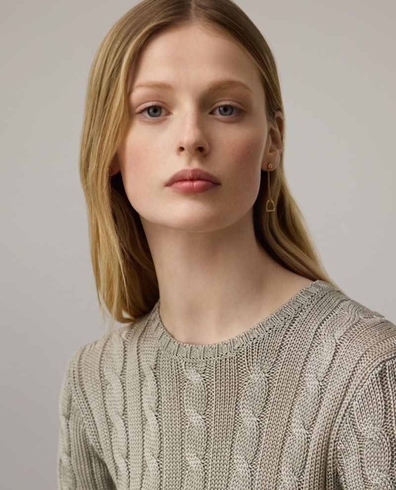 Close-up portrait of a blonde model wearing a grey cable-knit top and gold drop earring against a neutral backdrop.
