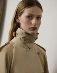 Close-up portrait of a female model wearing a beige trench coat against a plain white background