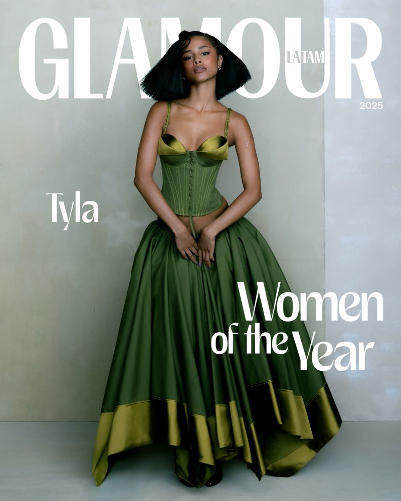 Glamour LATAM cover featuring a woman in green couture dress and corset, standing against a muted background. Tyla is also visible.