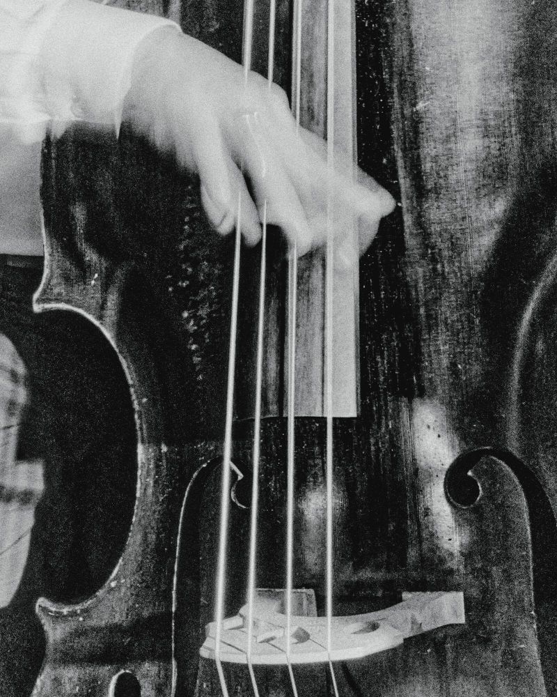 A close-up black and white image shows a person playing an upright bass. The person's hand is blurred, creating a sense of motion.