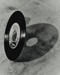 A black vinyl record stands upright on a textured surface, casting a sharp oval shadow under direct hard lighting.