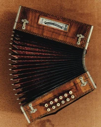 Vintage wooden button accordion with black pleated bellows and white round buttons resting on a warm textured backdrop.