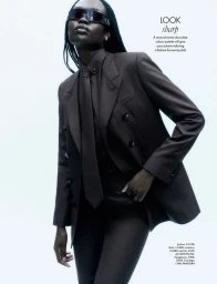 Model wearing dark sunglasses, brown double-breasted blazer, matching shirt, and tie against a plain white studio background.