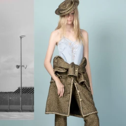 Model Lauren Huyskens wearing a gold tweed ensemble and pale blue lace camisole for Self Service magazine.