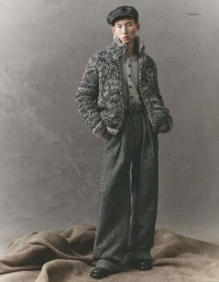 East Asian male model wearing a textured knit jacket, wide-leg trousers, and a flat cap against a grey studio backdrop.