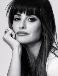 Black and white portrait of actor Penélope Cruz resting her chin on her hand with rings.