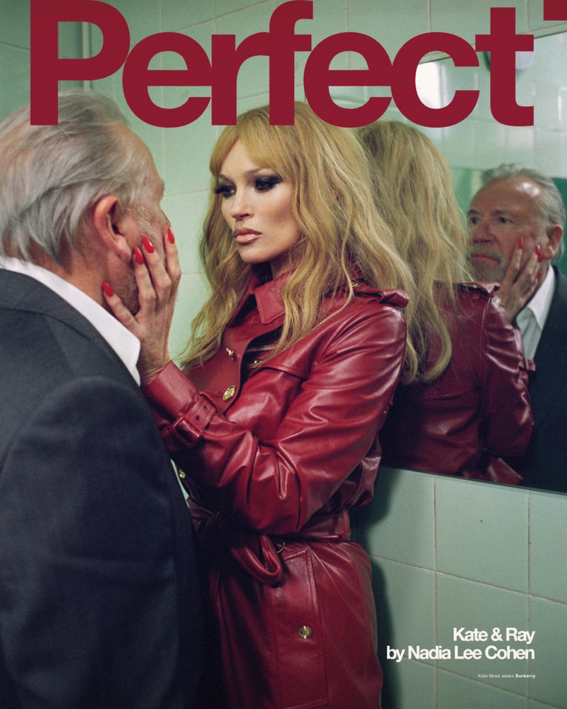 Kate Moss and Ray photograph on a magazine cover, wearing a red leather trench coat, standing in front of a tiled wall and mirror.