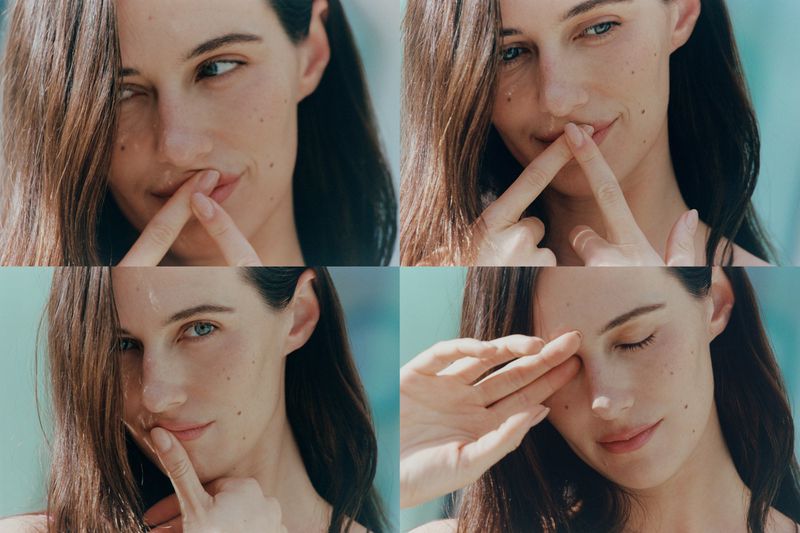A woman is featured in a beauty shot, showing four different angles of her face. A light teal background complements the makeup-free look.
