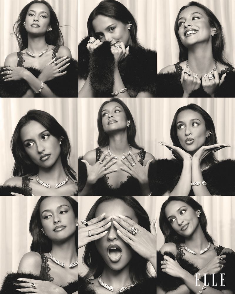 Nine-panel photo booth style portrait of a woman with dark hair wearing jewelry and a black fur stole against a neutral backdrop.