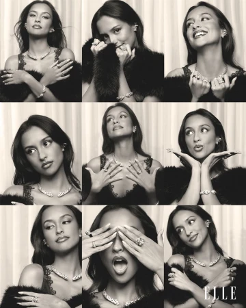 Nine-panel photo booth style portrait of a woman with dark hair wearing jewelry and a black fur stole against a neutral backdrop.