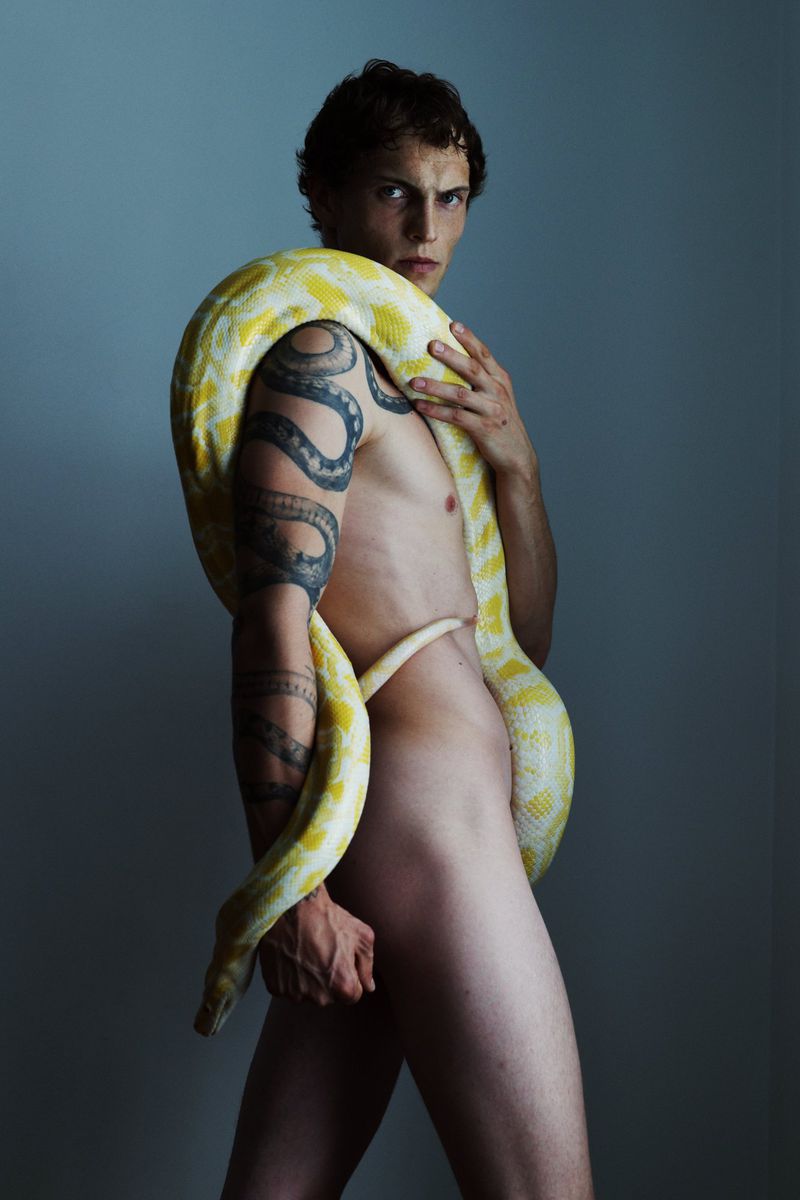 Nude adult male model with arm tattoos poses indoors with a large yellow python snake wrapped around his torso in a studio setting.