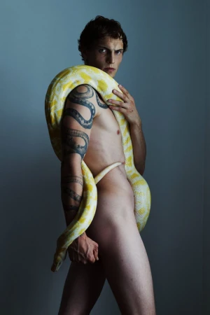 Nude adult male model with arm tattoos poses indoors with a large yellow python snake wrapped around his torso in a studio setting.