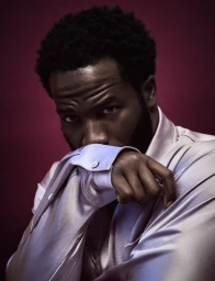 Actor Sope Dirisu posing with his hand raised near his face wearing a lilac satin shirt against a dark red backdrop.
