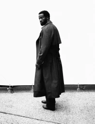 Actor Sope Dirisu looking over his shoulder while wearing a long dark trench coat against a white backdrop outdoors.