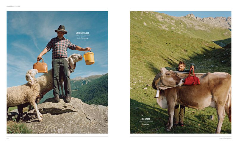 Editorial shot featuring farmers with cows and sheep in a mountain landscape, carrying handbags and buckets, set against a blue sky and green hills.