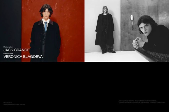 Fashion editorial featuring male models in studio setting with a red-painted wall and monochromatic background, shot by Jack Grange.