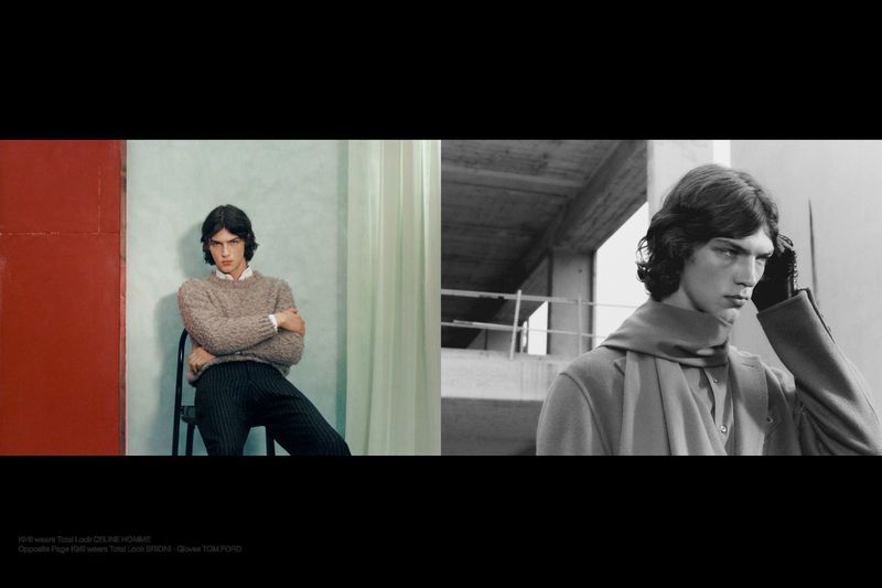Two images show a young adult male fashion model wearing wool and cashmere knitwear, pants, and scarf in a studio environment with natural light.