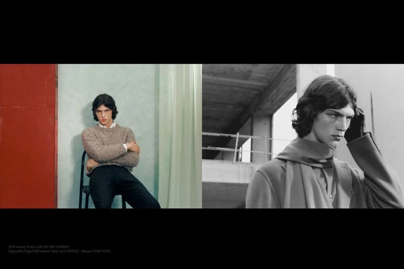 Two images show a young adult male fashion model wearing wool and cashmere knitwear, pants, and scarf in a studio environment with natural light.