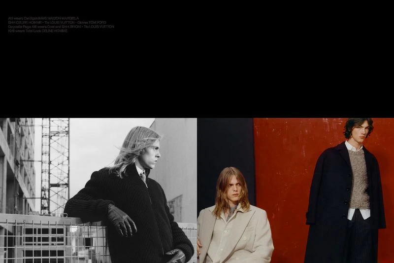 Fashion editorial shot featuring three adult males wearing various coats and shirts in an urban setting with architectural backgrounds.