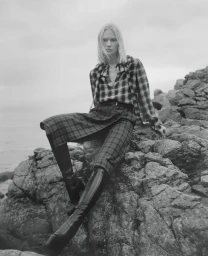 Model Vilma Sjöberg sitting on coastal rocks wearing a plaid blouse, matching plaid skirt, and tall black leather boots.