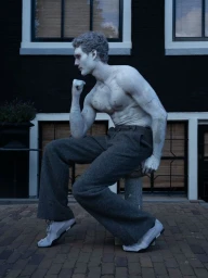 Model Caesar van den Idsert painted as a stone statue in grey trousers and sneakers seated on a brick sidewalk.