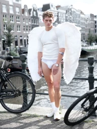 Model Caesar van den Idsert wearing large white angel wings, a white top, and white briefs standing by an Amsterdam canal railing.