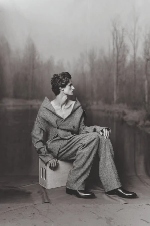 A person in a grey suit poses while sitting on a box in front of a blurry forest background in a studio environment with muted lighting.
