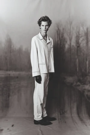 Young male model wearing light pajamas standing against a painted forest backdrop for a Numéro France editorial