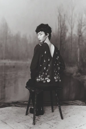 Monochrome image of a seated Asian woman wearing a jeweled sweater with a blurred lake and forest background in soft, neutral tones.